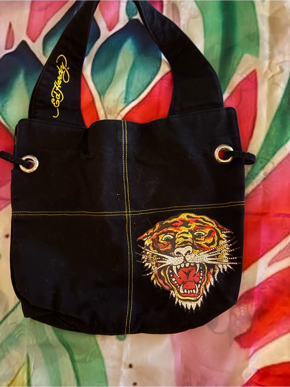Ed Hardy Black Shoulder Bag with Yellow Tiger Embroidery